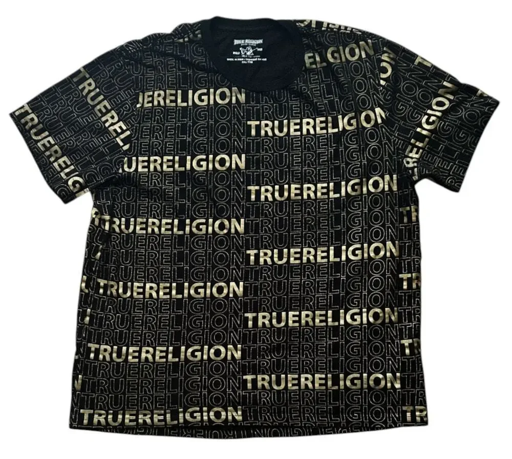 True Religion Black & Gold Allover Monogram Tee Men's 2XL